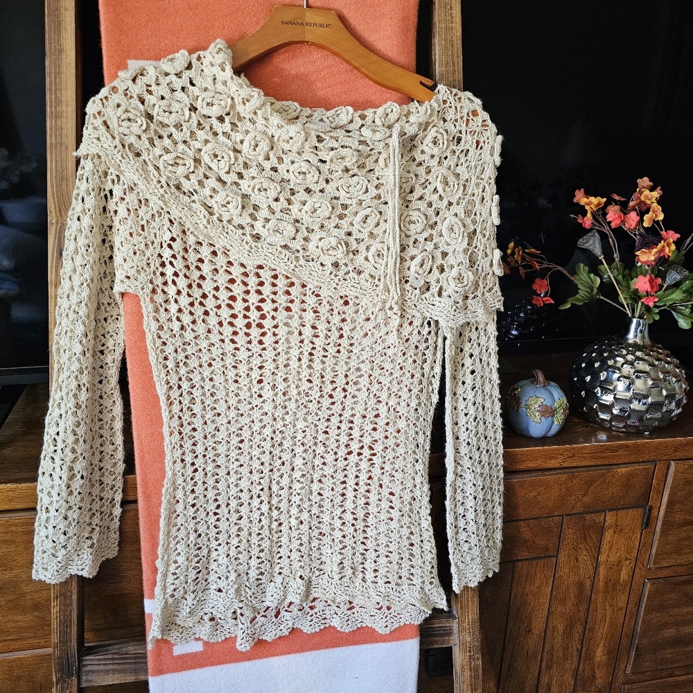 Ami Off-the-Shoulder Cream Crochet Sweater
